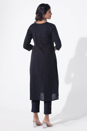 Cotton Dobby Weave & Embroidered Black Kurta