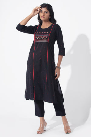 Cotton Dobby Weave & Embroidered Black Kurta