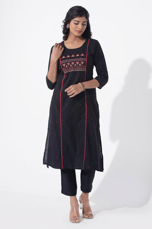 Cotton Dobby Weave & Embroidered Black Kurta