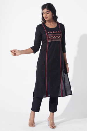 Cotton Dobby Weave & Embroidered Black Kurta