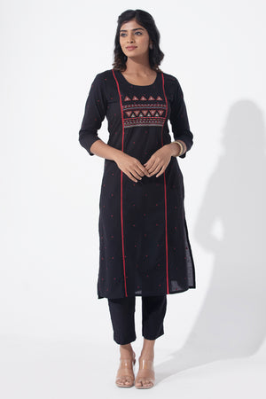 Cotton Dobby Weave & Embroidered Black Kurta