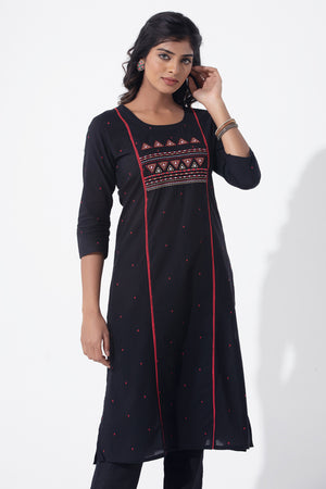 Cotton Dobby Weave & Embroidered Black Kurta