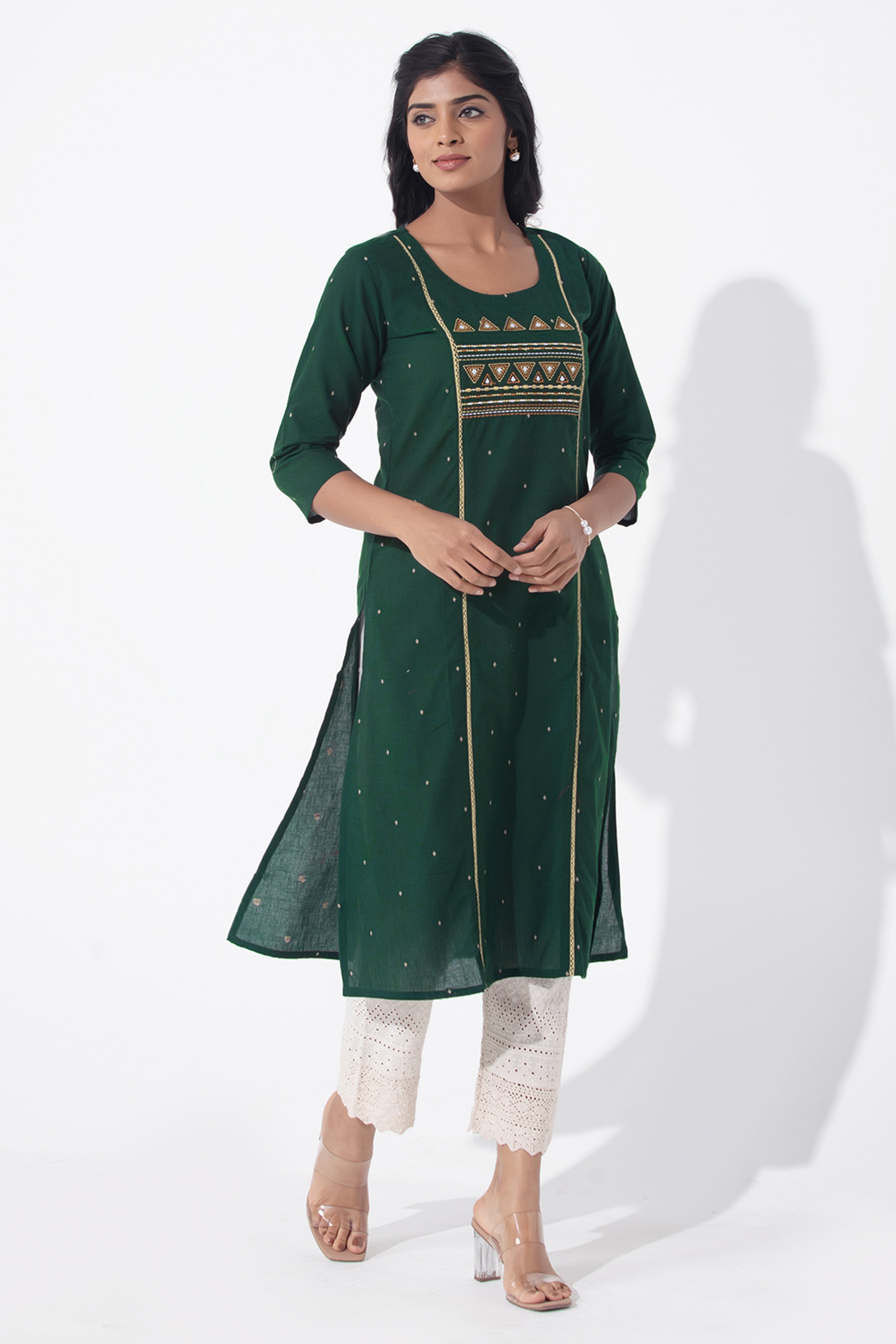 Cotton Dobby Weave & Embroidered Green Kurta