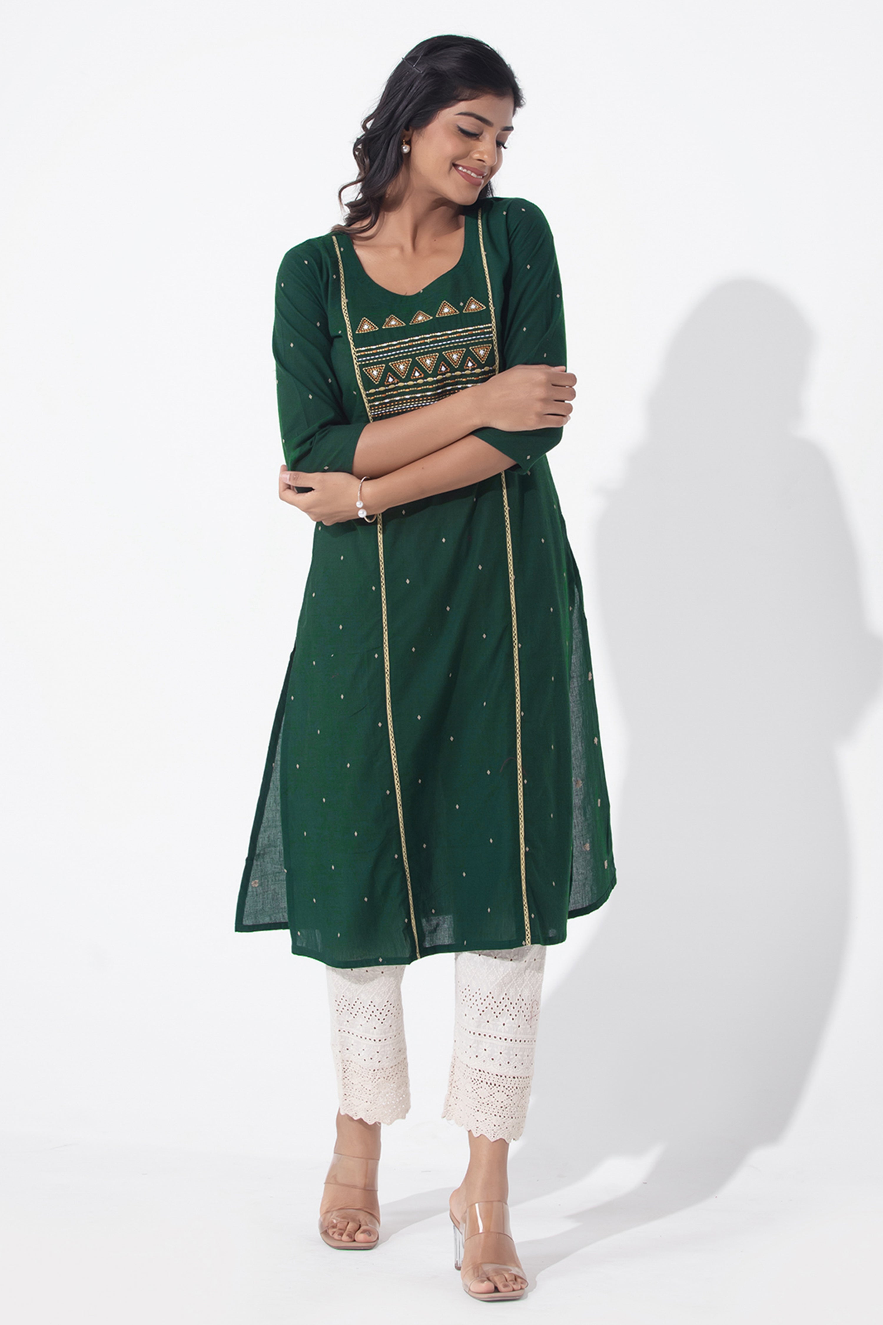 Cotton Dobby Weave & Embroidered Green Kurta