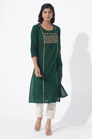 Cotton Dobby Weave & Embroidered Green Kurta