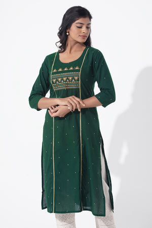 Cotton Dobby Weave & Embroidered Green Kurta