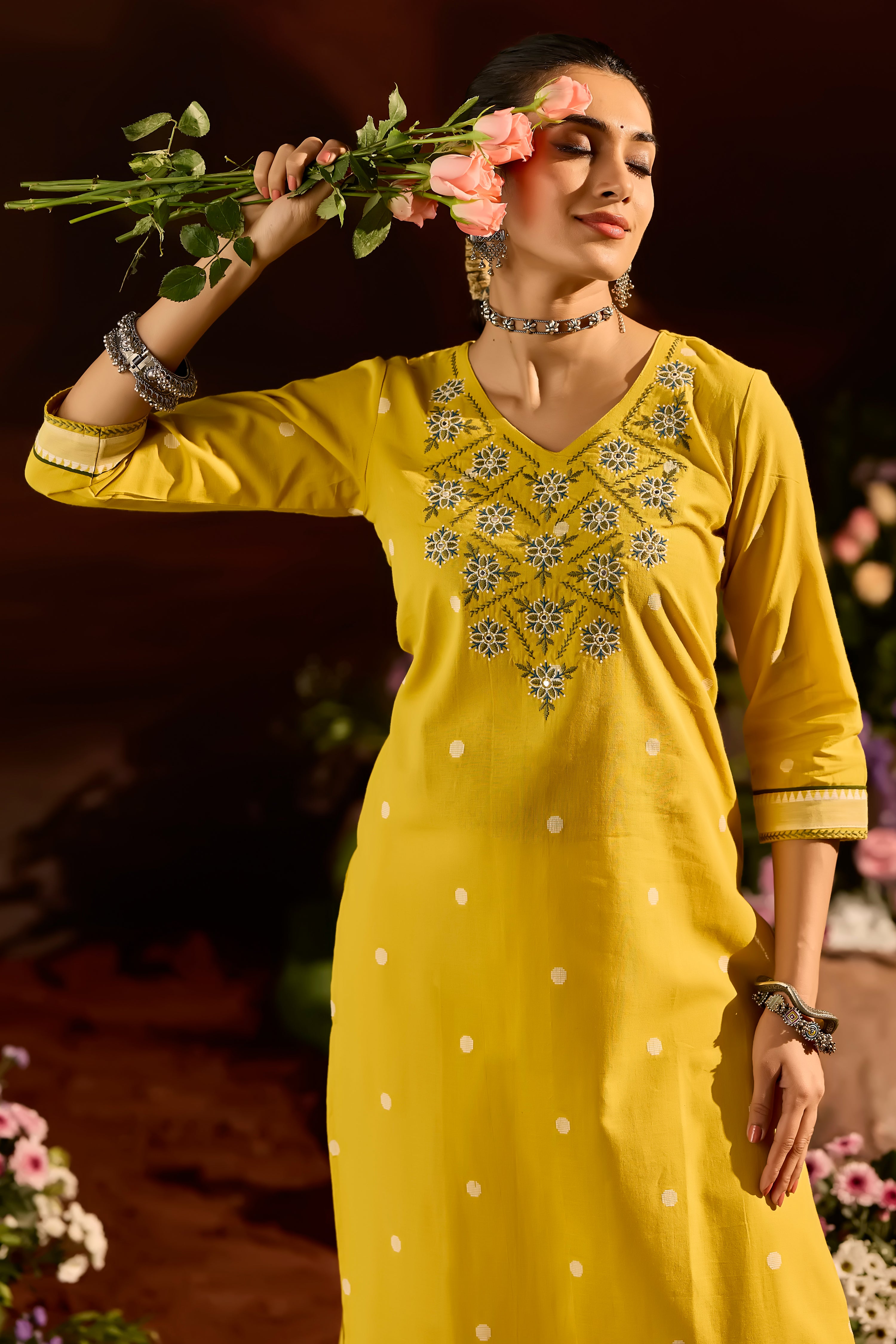 MUSTARD DOBBY STRAIGHT CUT KURTA