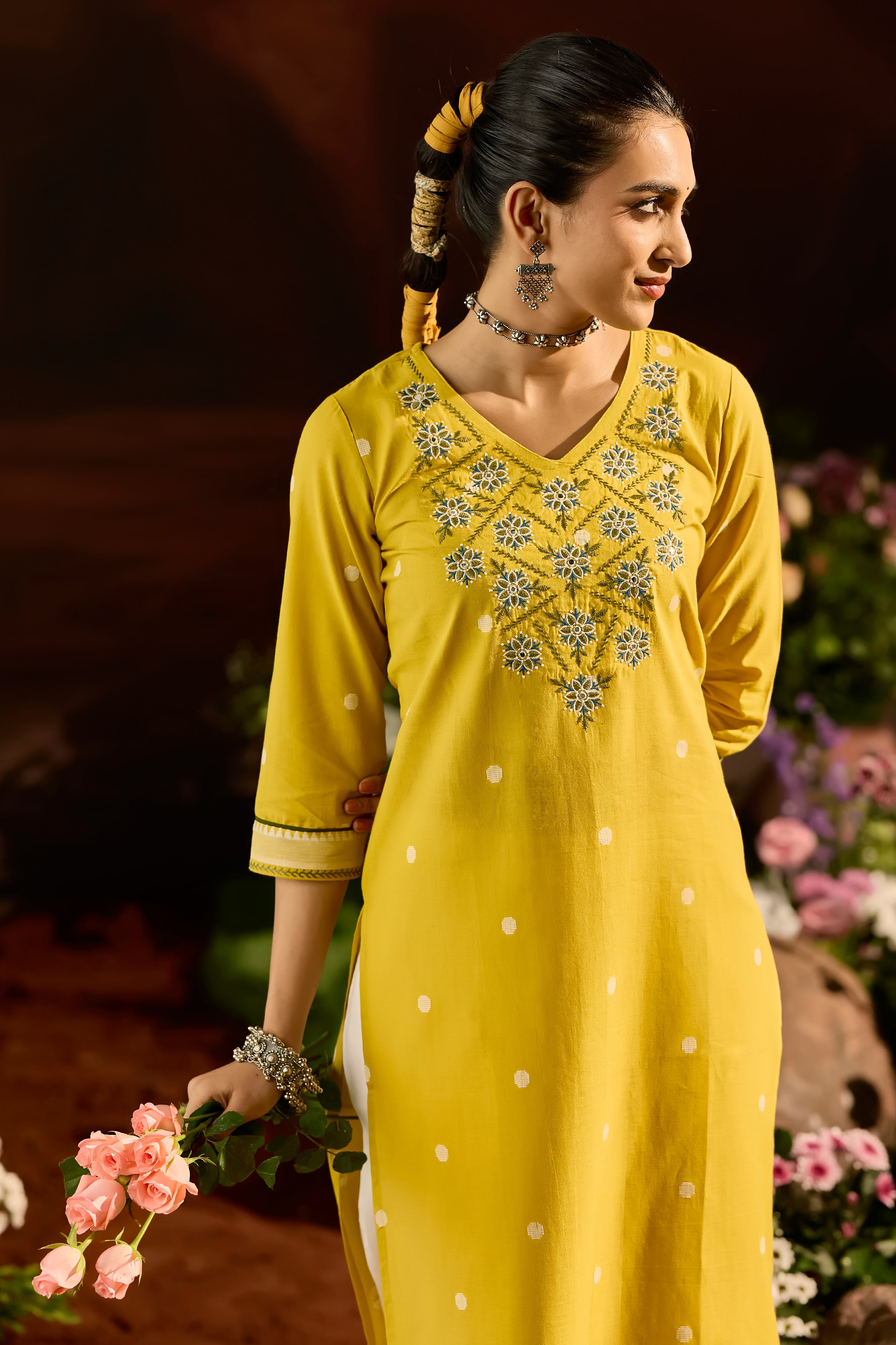 MUSTARD DOBBY STRAIGHT CUT KURTA