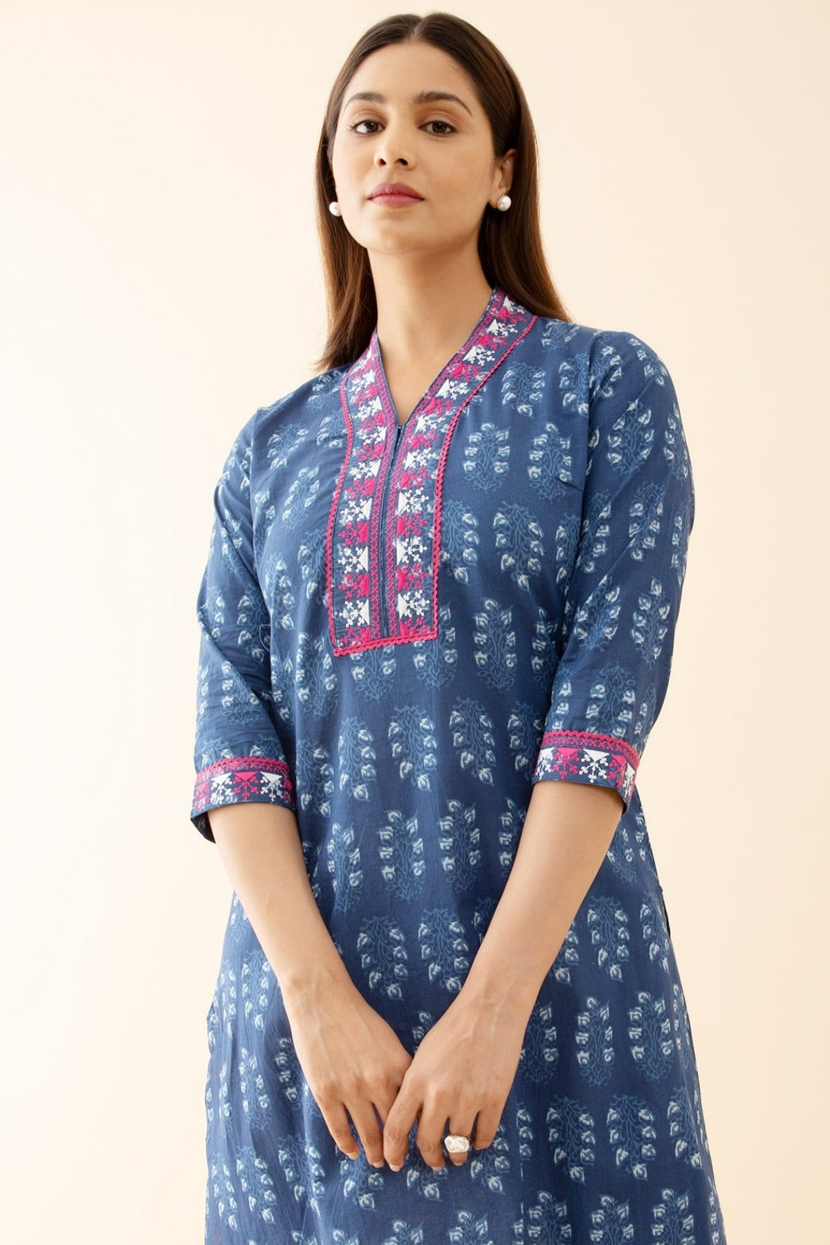 Indigo Printed Kurta with Embroidered Lace Embellished Neckline Blue
