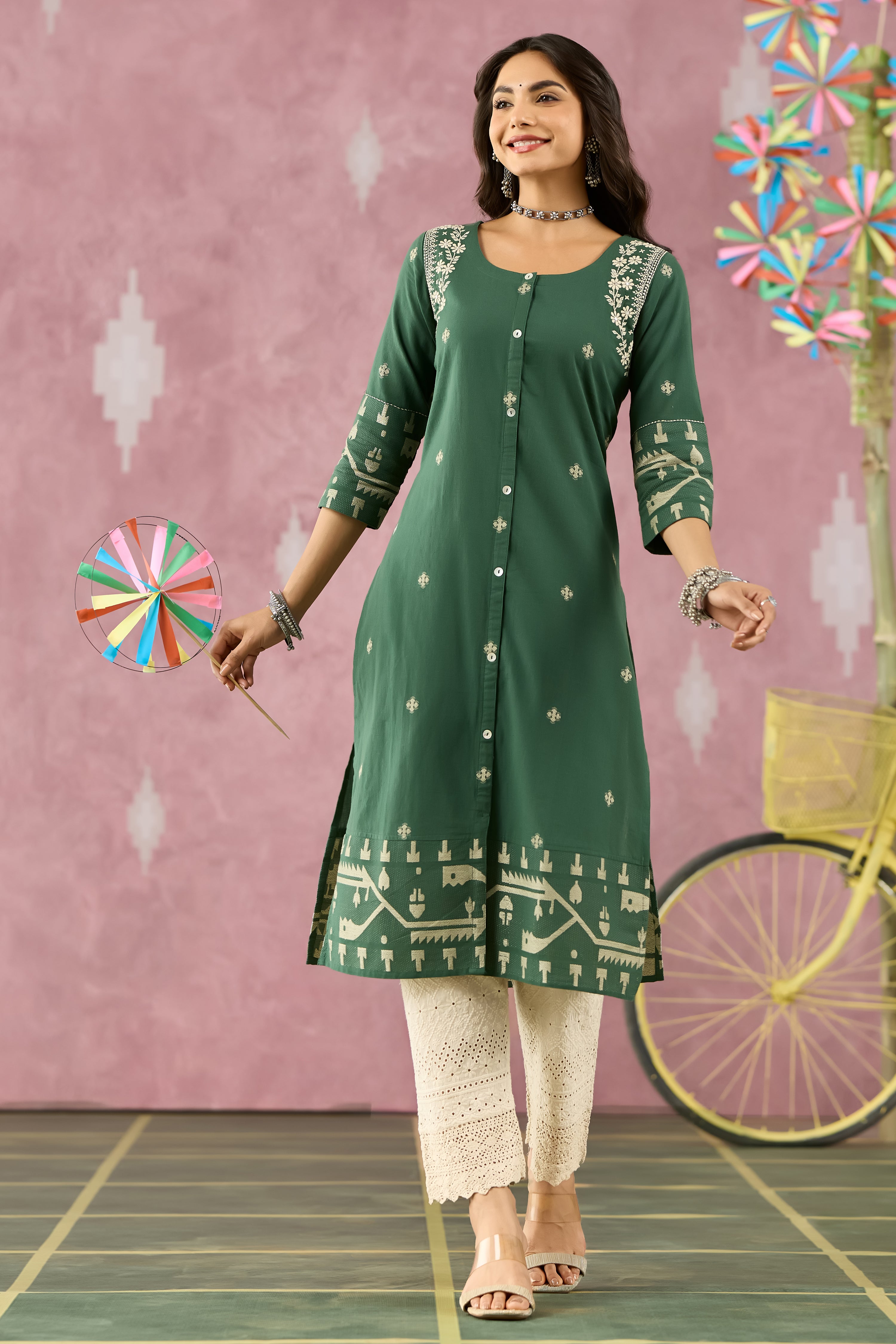 GREEN JHAMDHANI STRAIGHT CUT KURTA