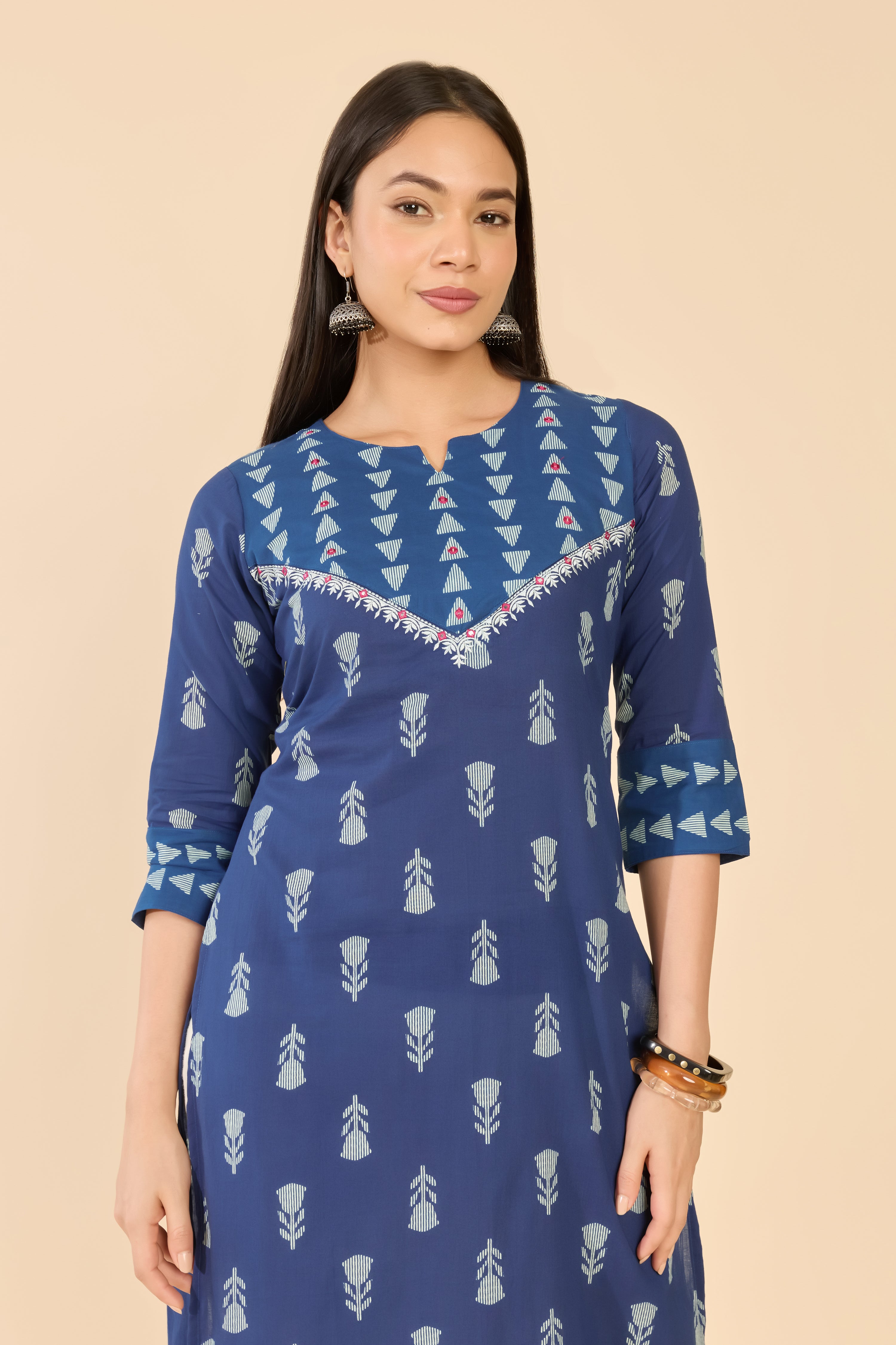 Blue Floral Printed Cotton Kurta
