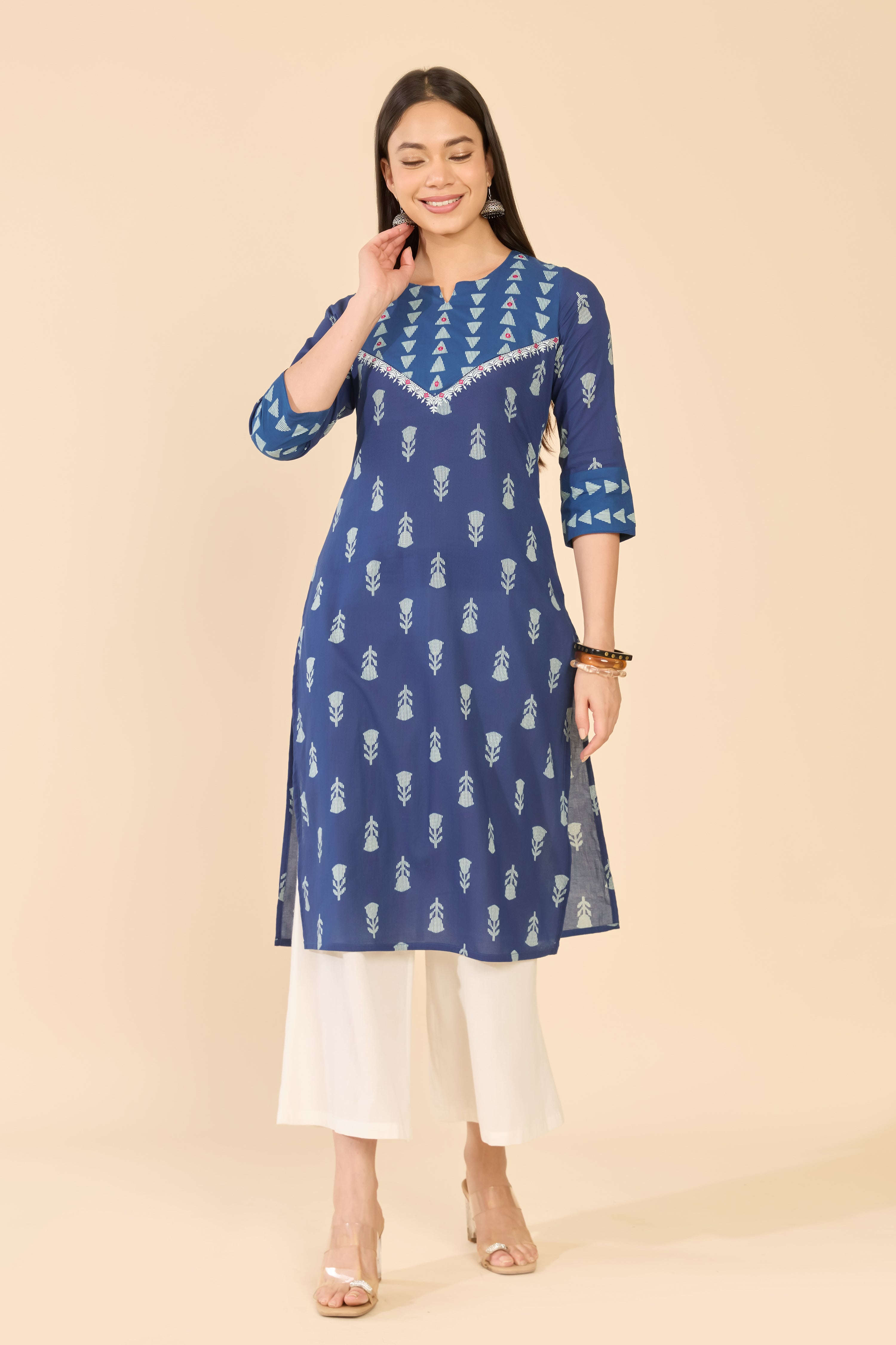 Blue Floral Printed Cotton Kurta