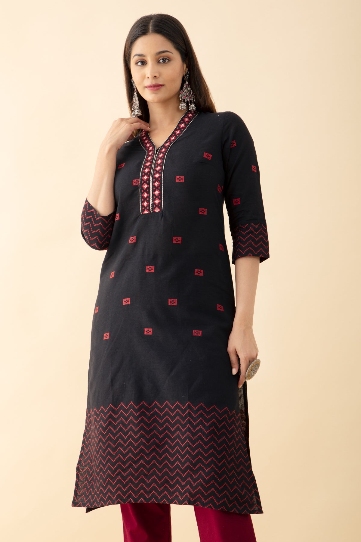 Dobby Weave Embroidered Kurta - Black