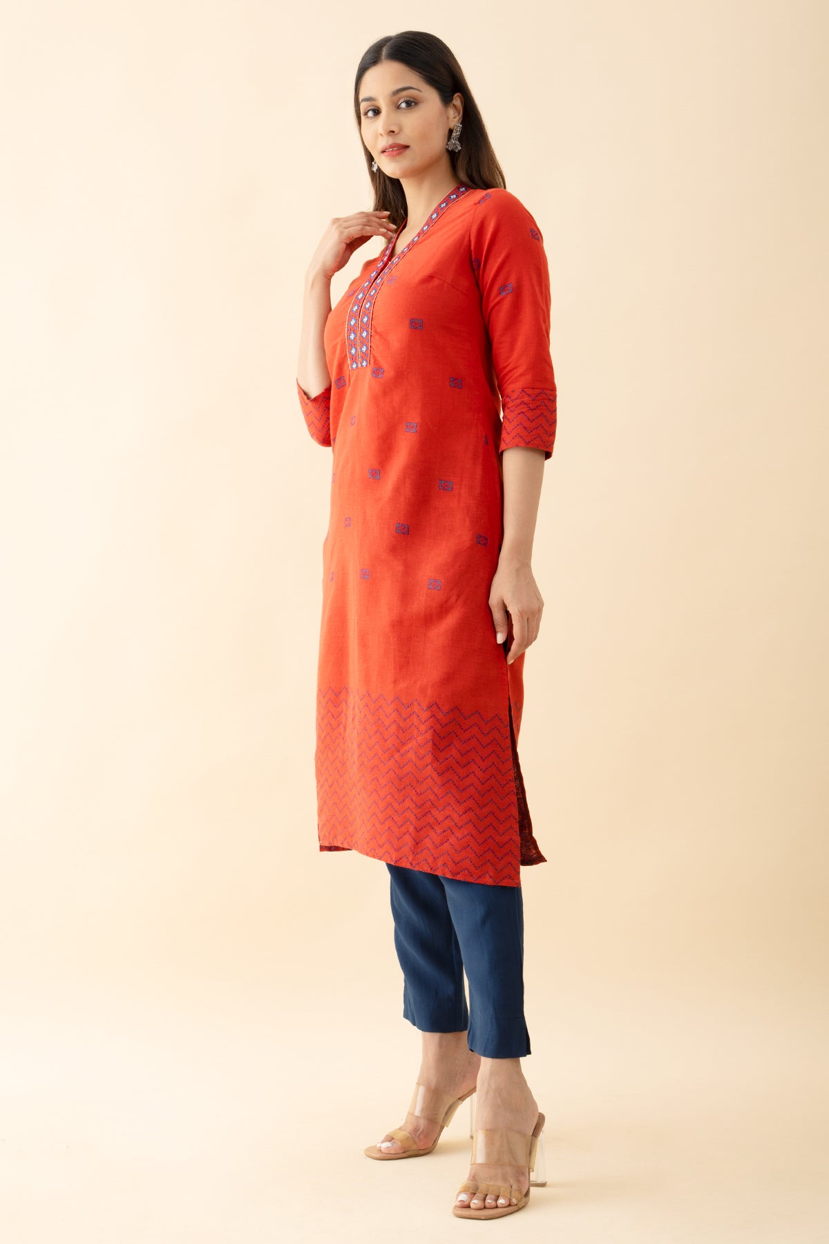Dobby Weave Kurta with Embroidered Neckline - Red