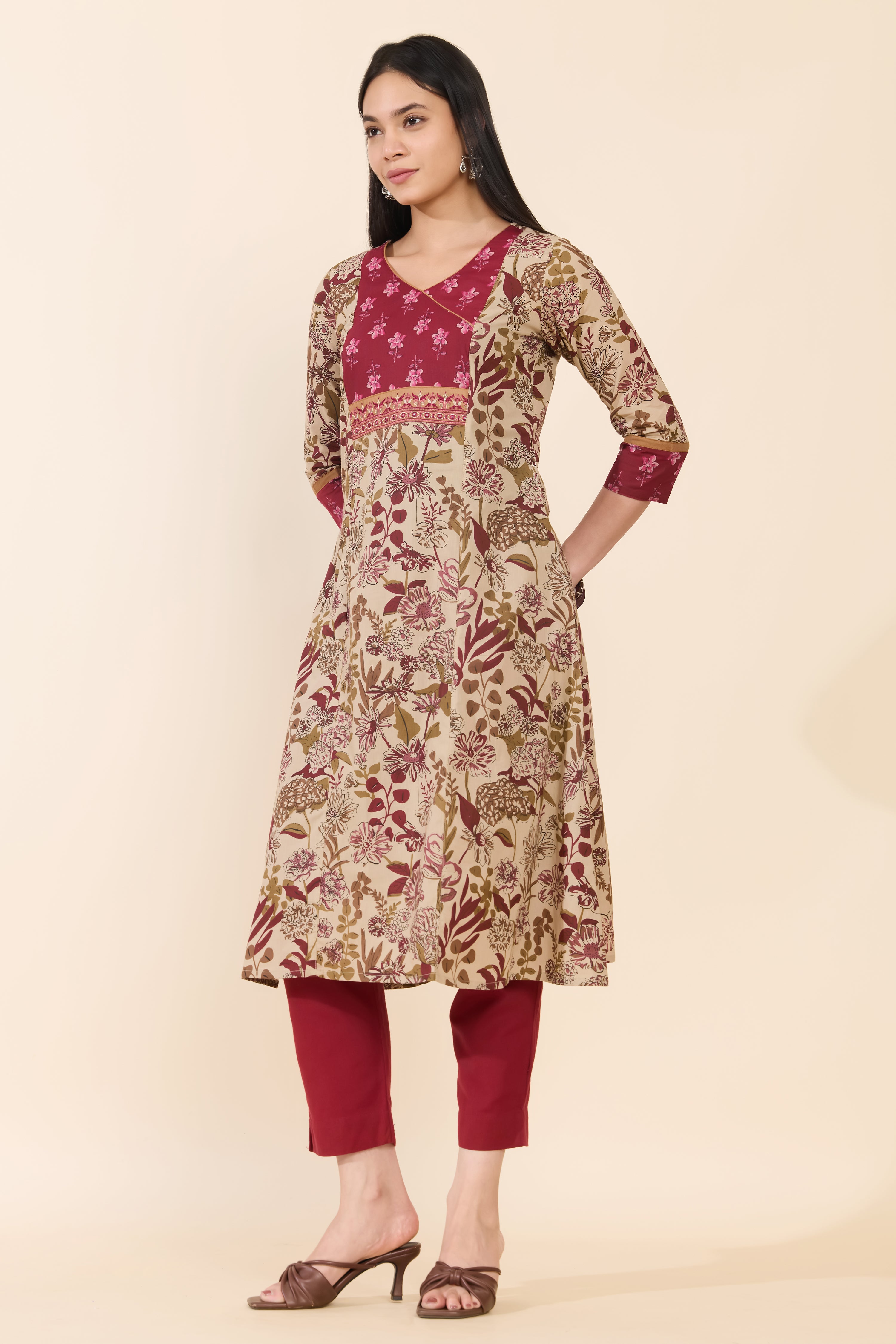 BEIGE PINK FLORAL COTTON KURTA