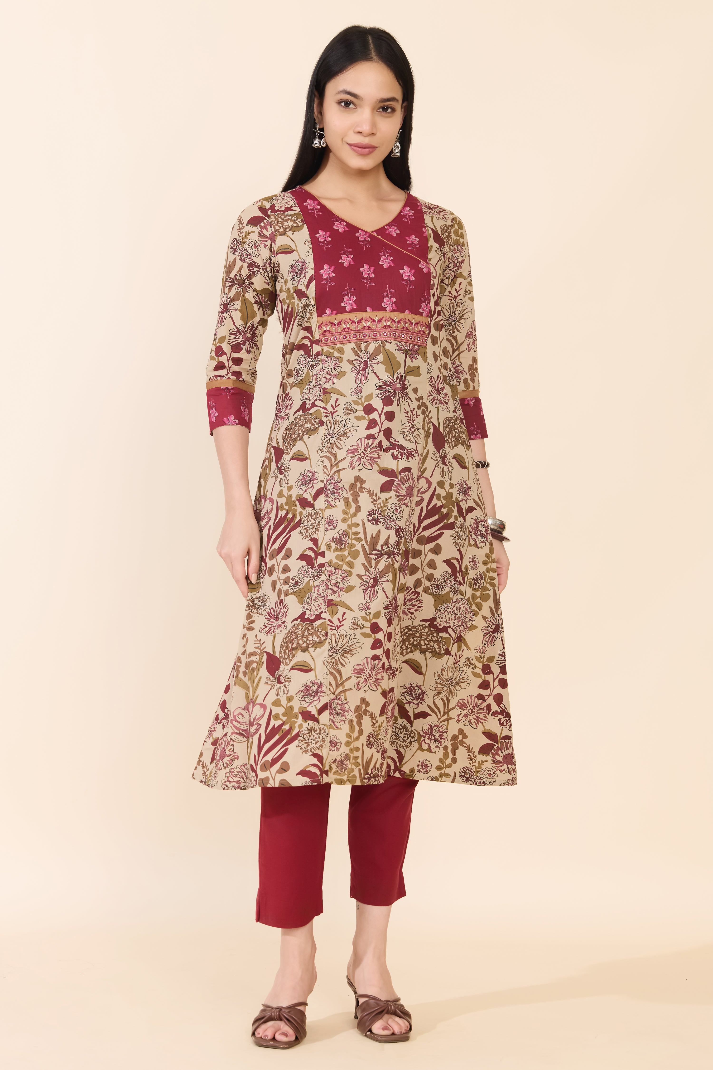 BEIGE PINK FLORAL COTTON KURTA