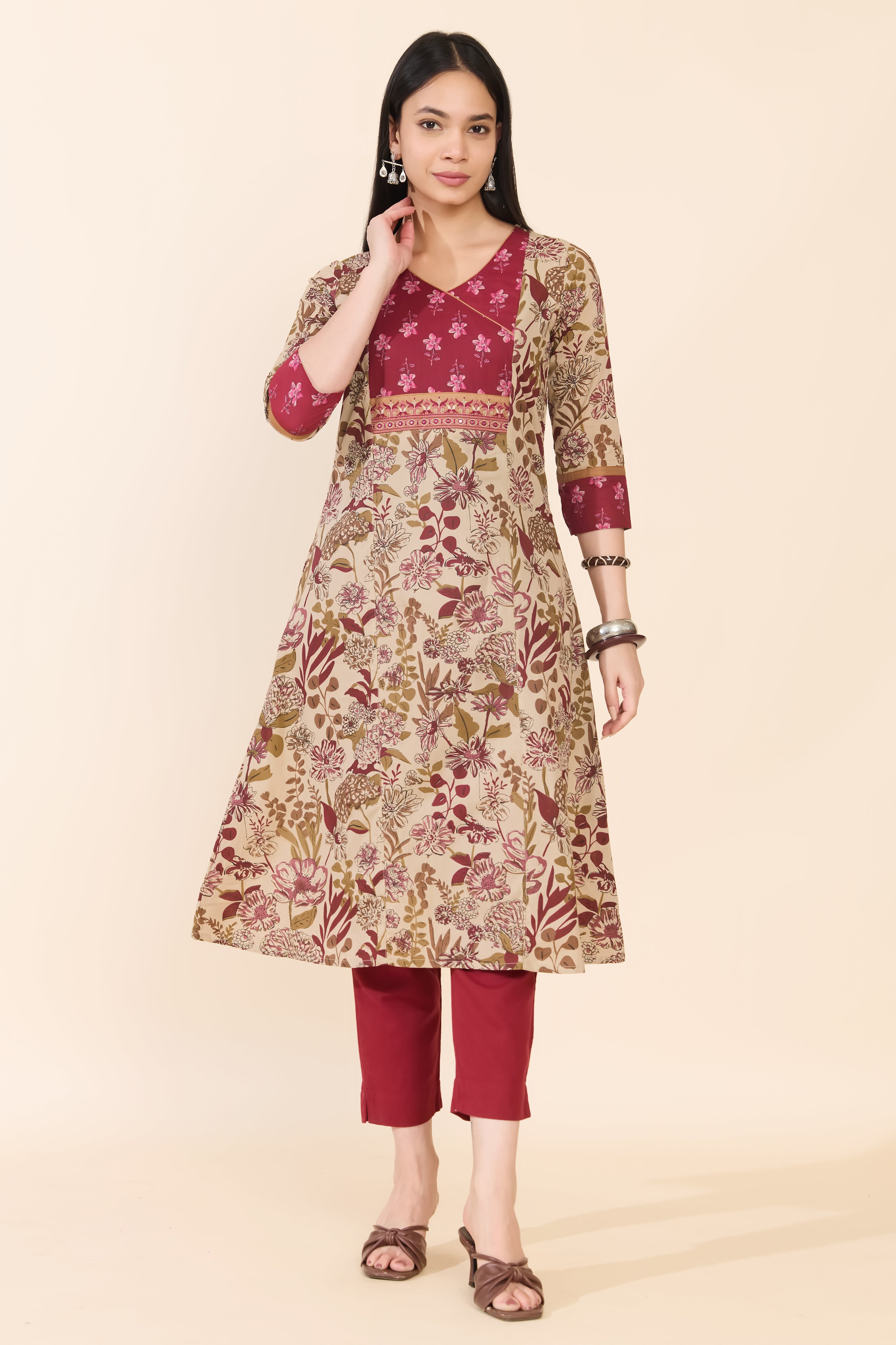 BEIGE PINK FLORAL COTTON KURTA