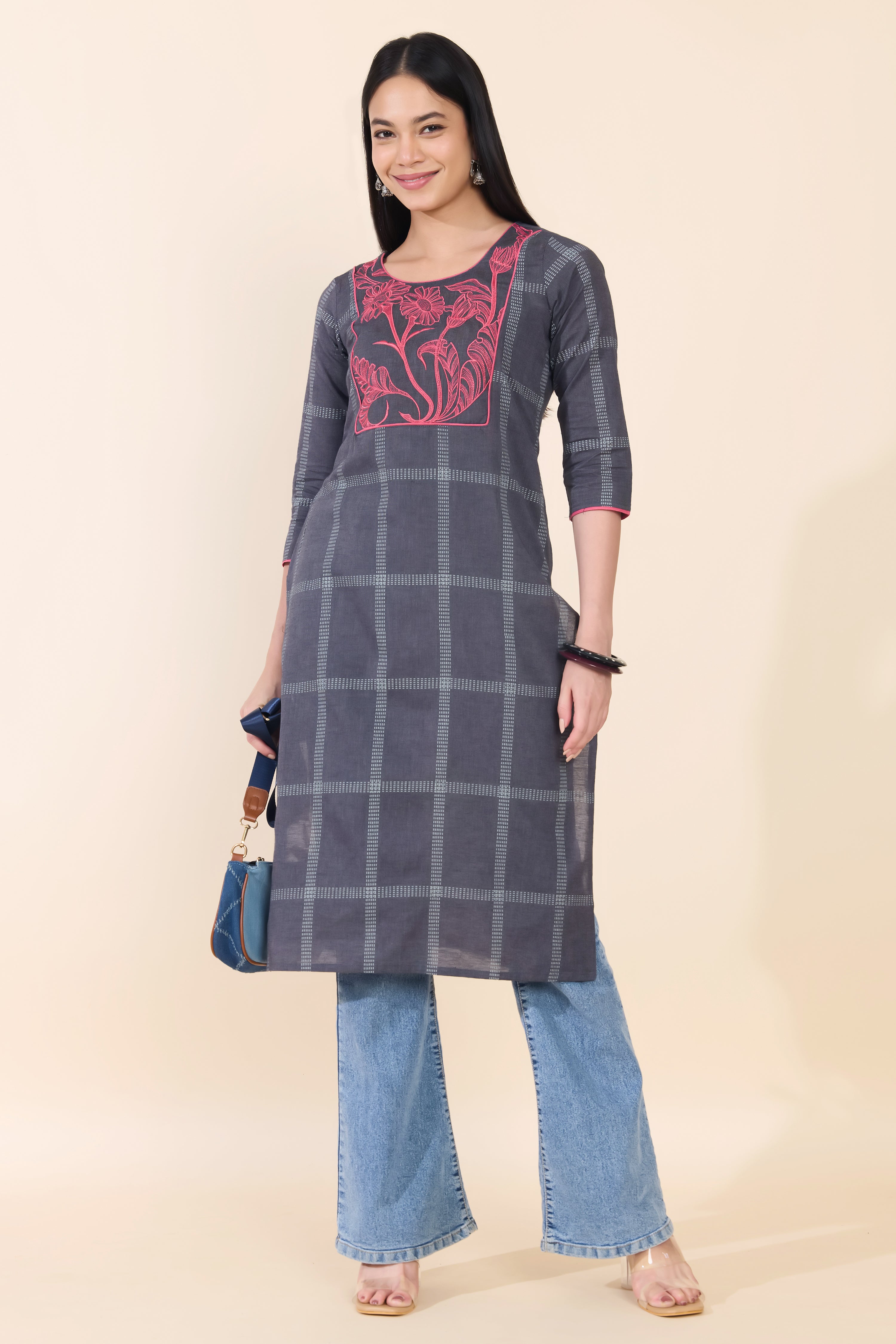 GRAY CHECKED FLORAL EMBROIDERED COTTON KURTA