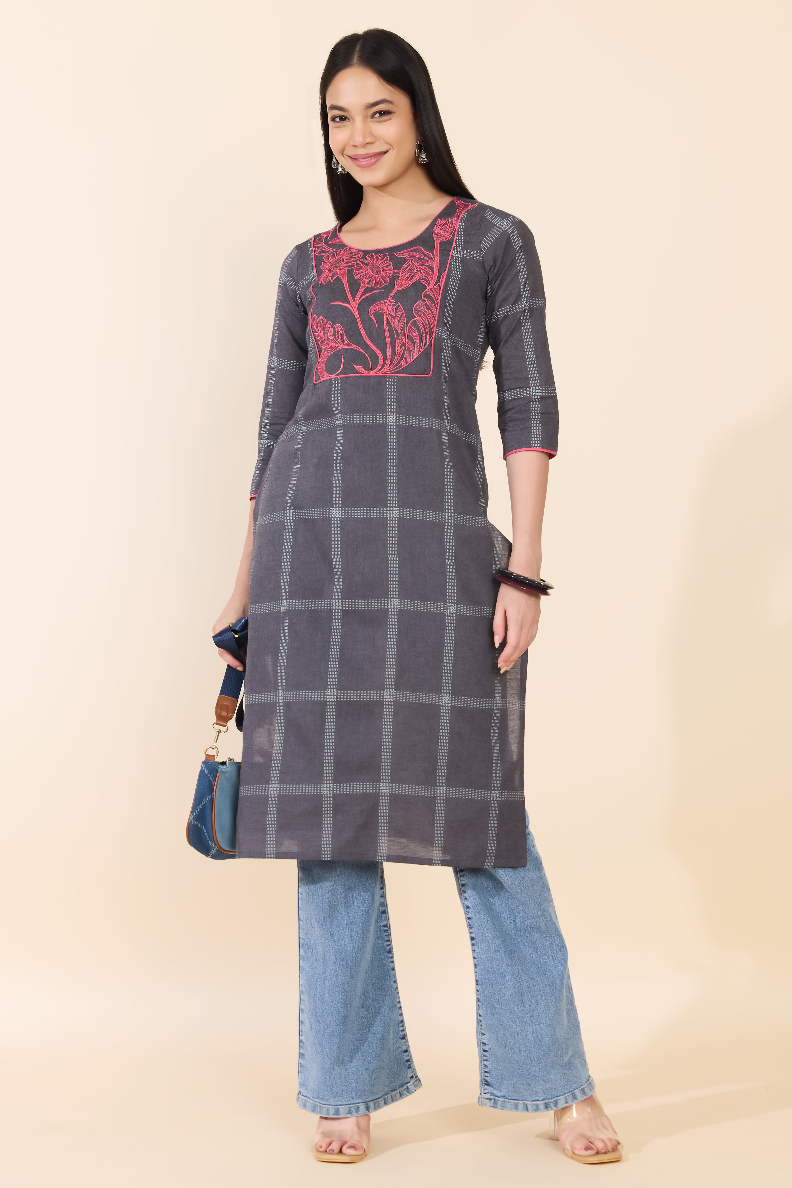 GRAY CHECKED FLORAL EMBROIDERED COTTON KURTA