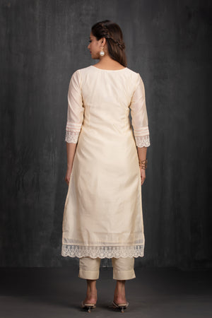 Off-White Chanderi Cotton Kurta with Embroidered Yoke