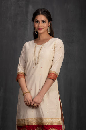 Off-White & Bottle red Kurta with Kathakali Motif and Golden Threadwork