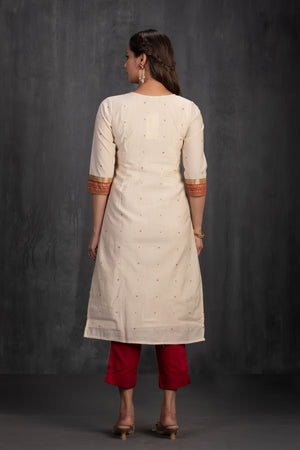 Off-White & Bottle red Kurta with Kathakali Motif and Golden Threadwork