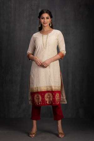 Off-White & Bottle red Kurta with Kathakali Motif and Golden Threadwork