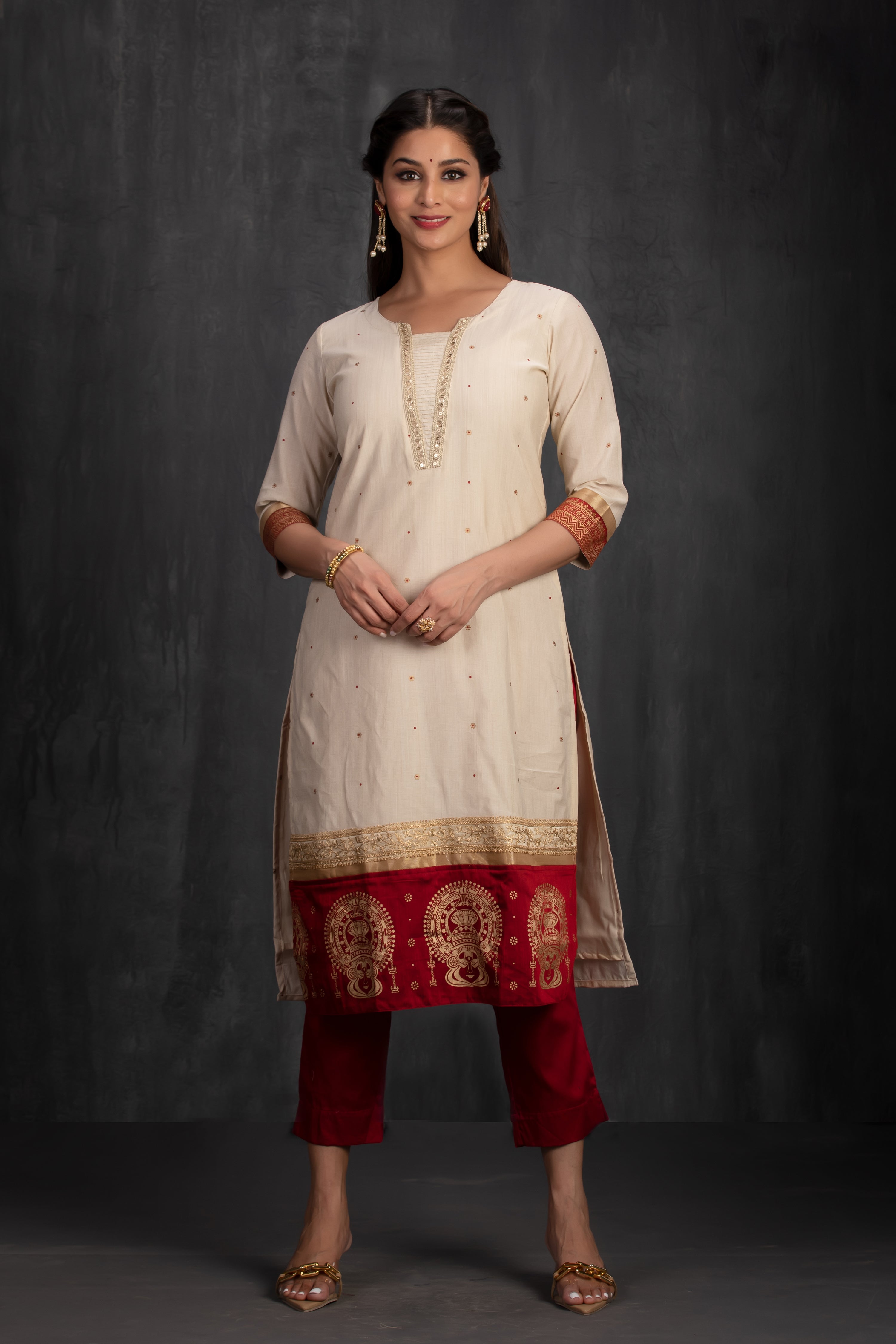 Off-White & Bottle red Kurta with Kathakali Motif and Golden Threadwork