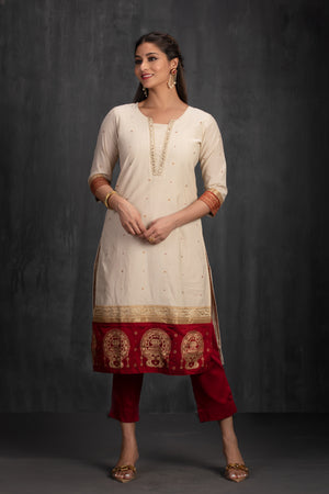 Off-White & Bottle red Kurta with Kathakali Motif and Golden Threadwork
