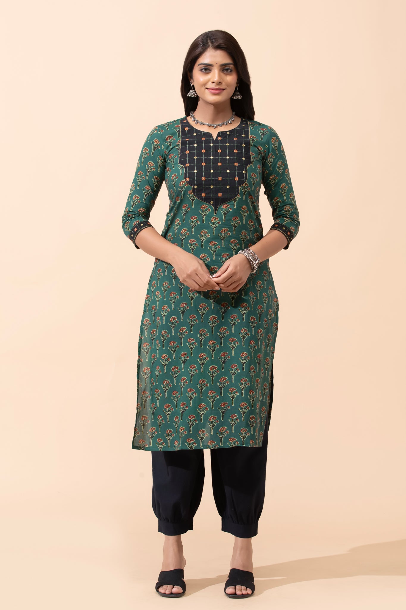 Green Floral Cotton Kurta