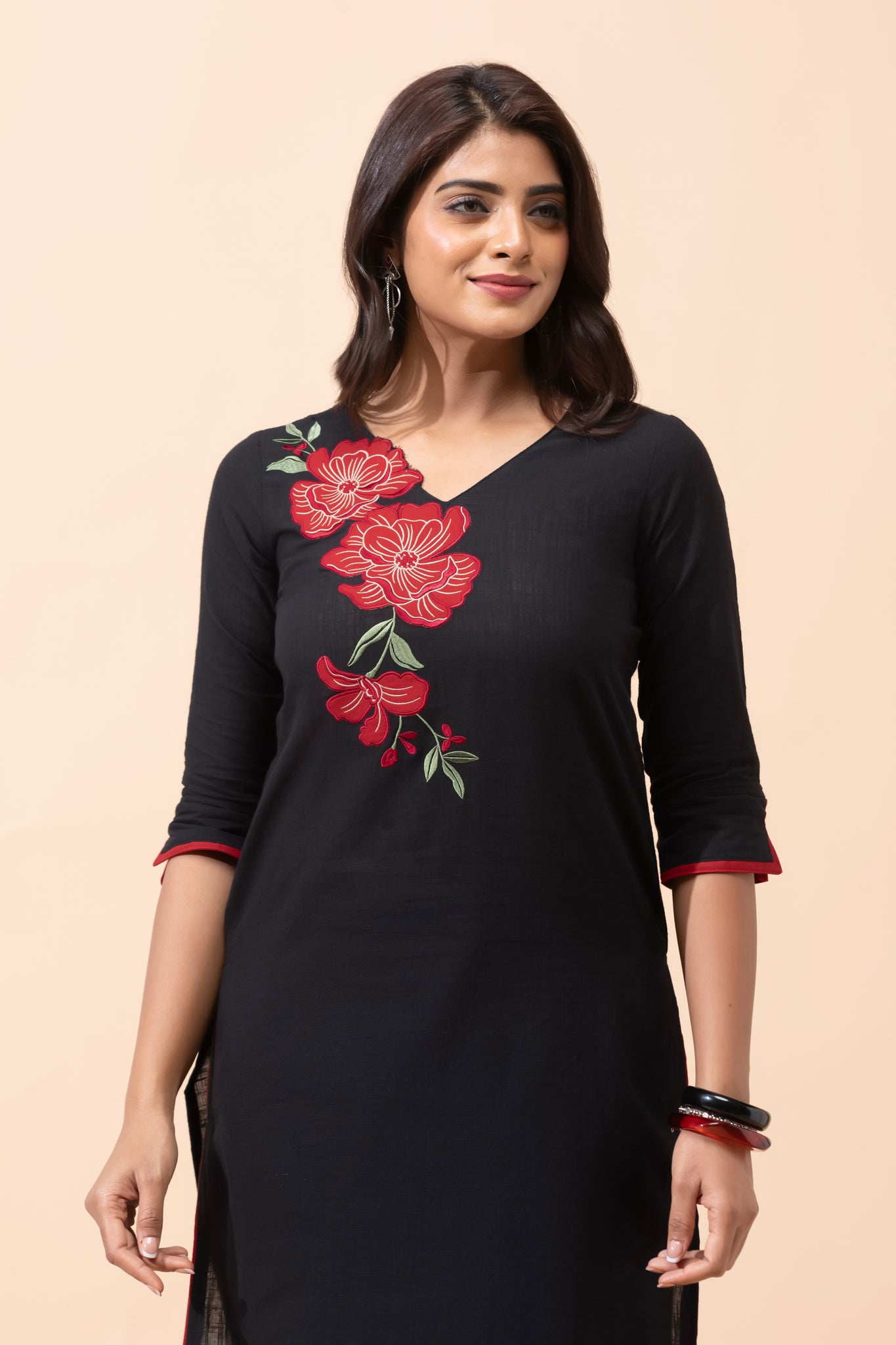 Black Floral Embroidered Cotton Kurta