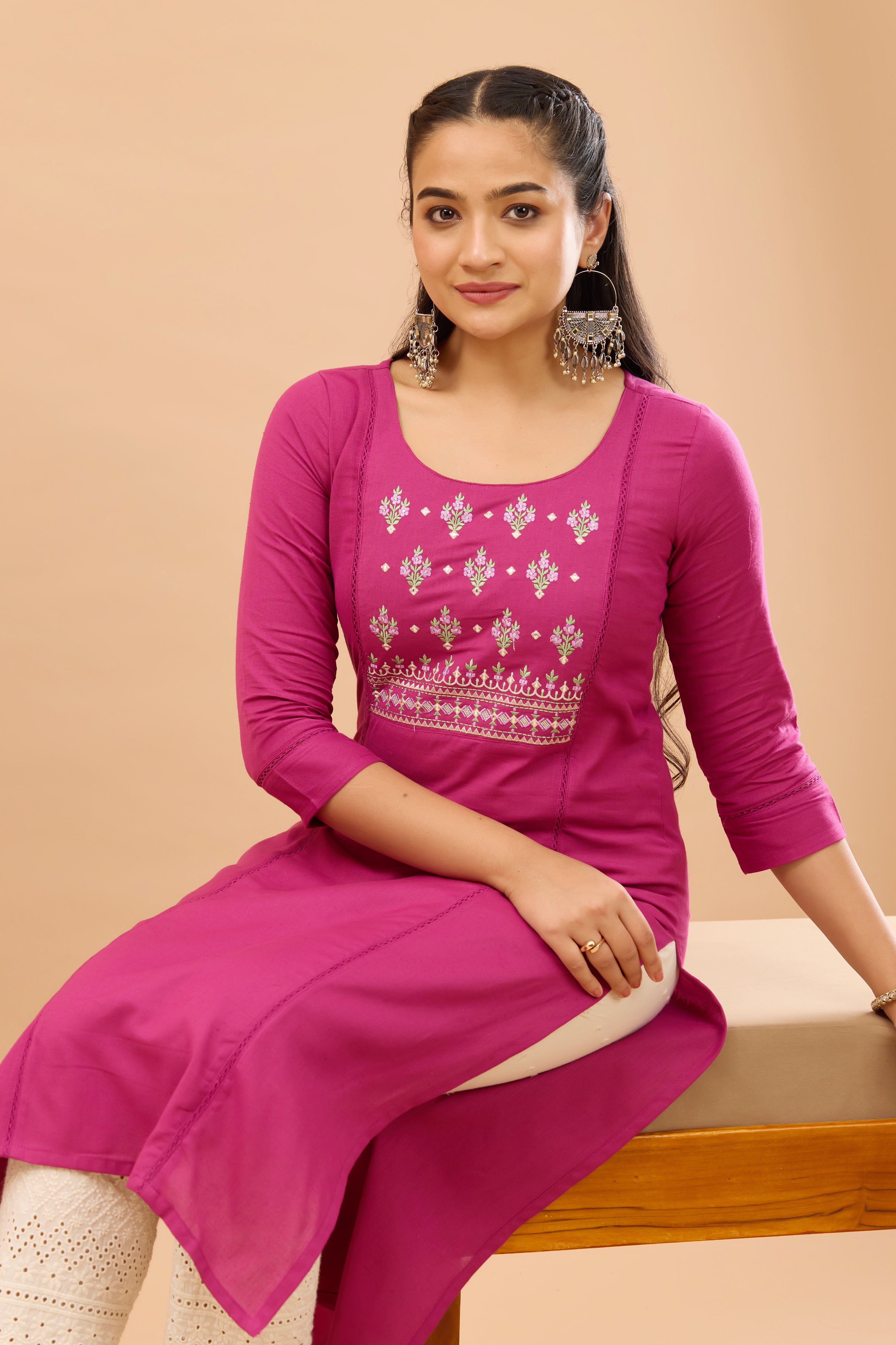 Floral Embroidered Cotton Pink Kurta