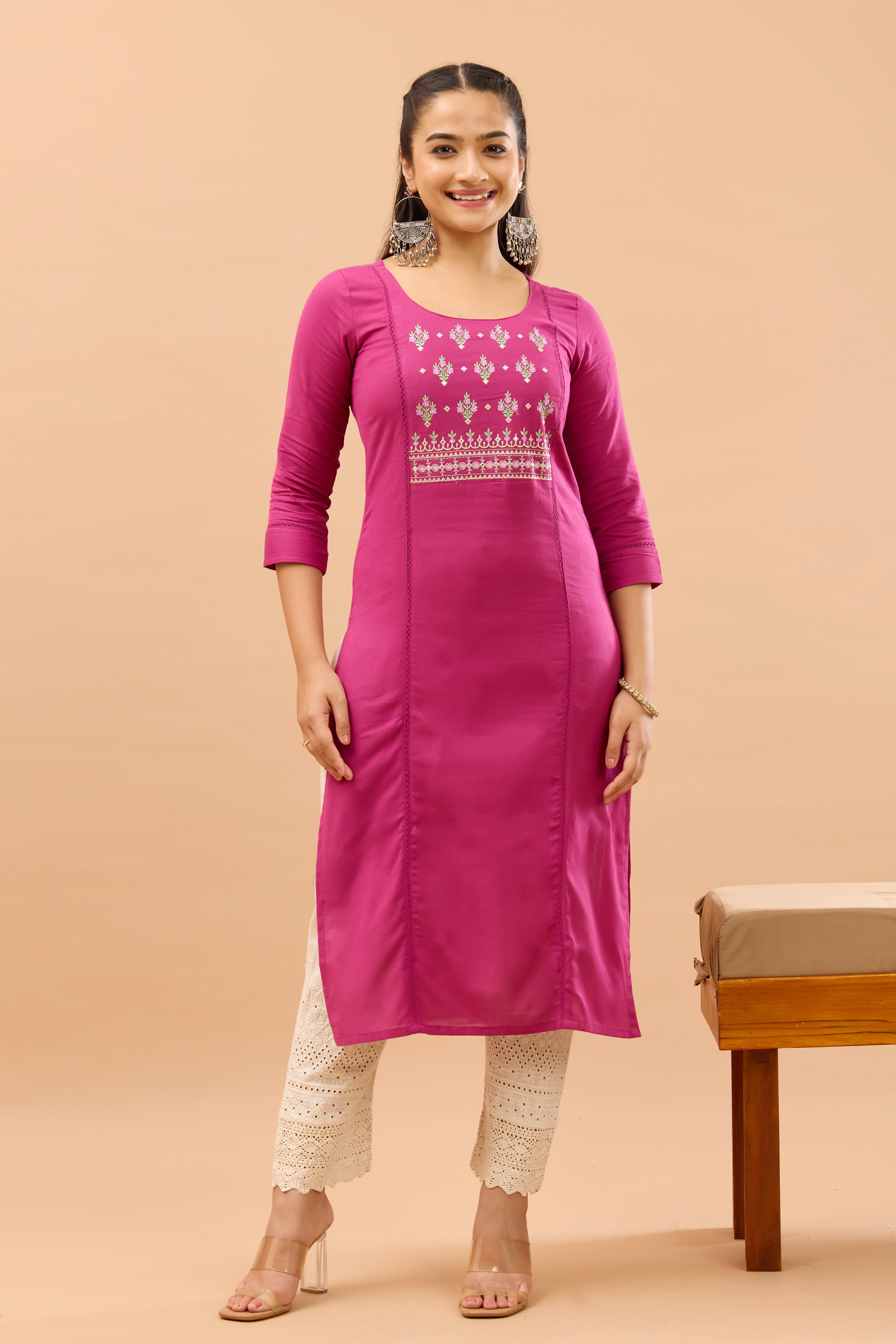 Floral Embroidered Cotton Pink Kurta