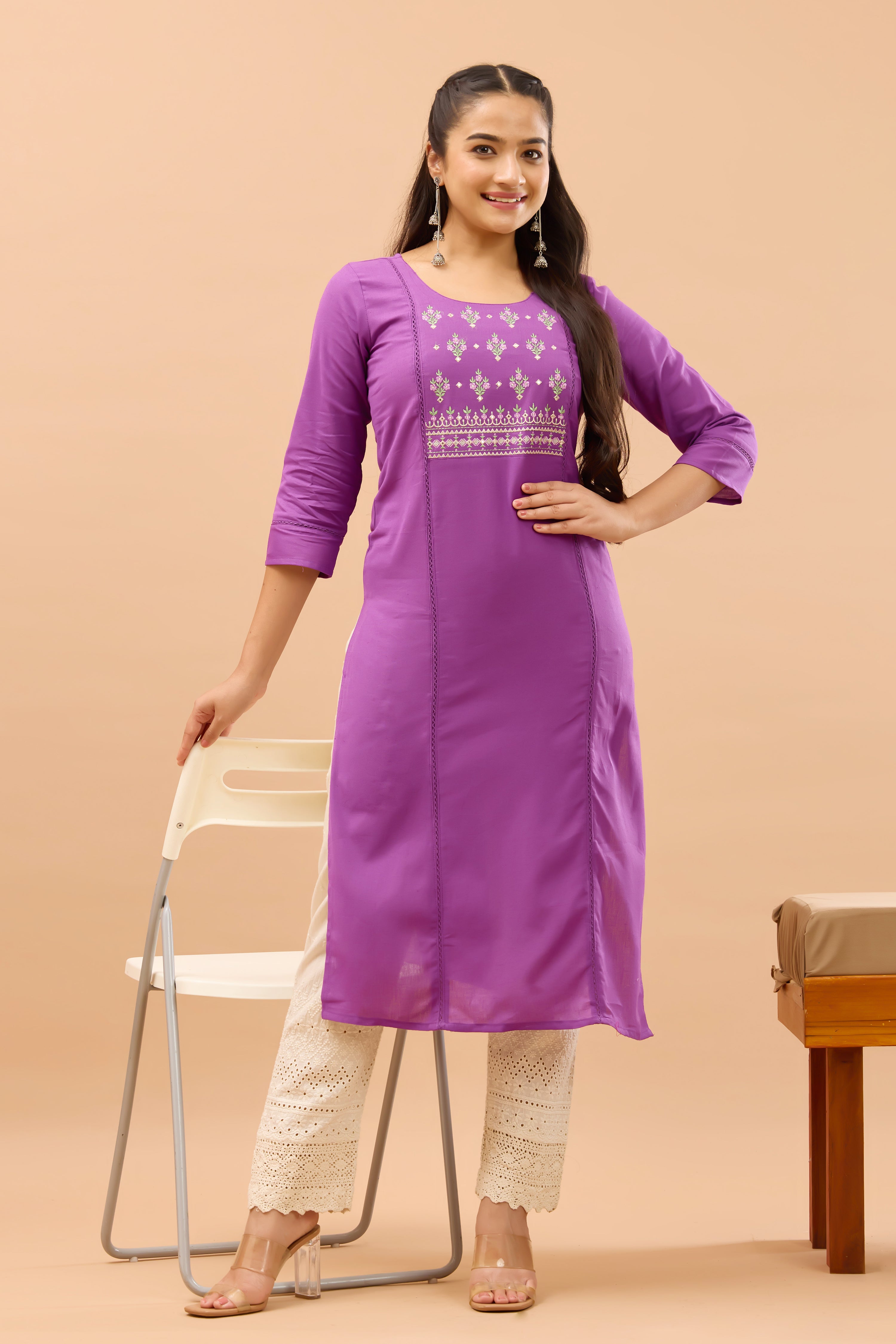 Floral Embroidered Cotton Purple Kurta