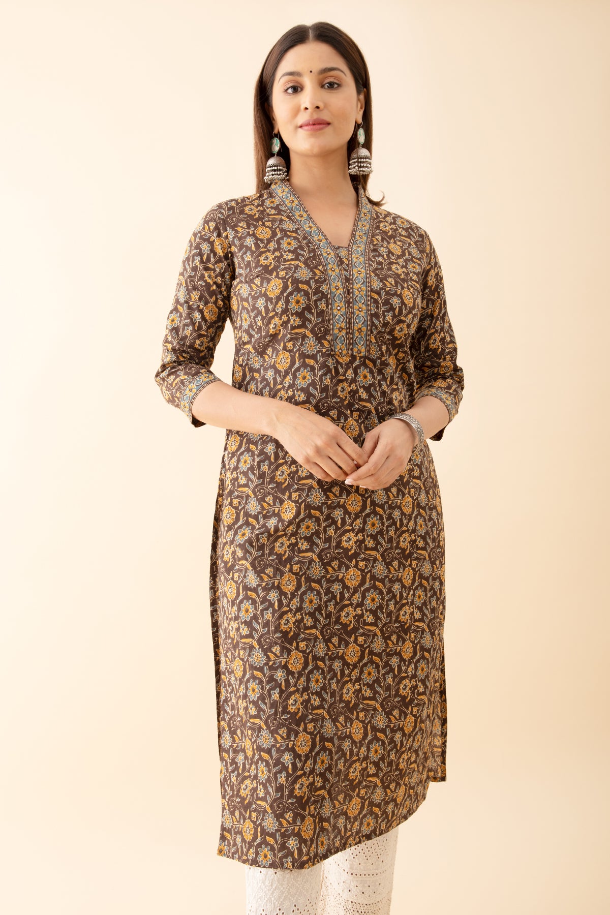 Kalamkari Block printed Kurta with Foil Mirror Embellished Yoke Brown