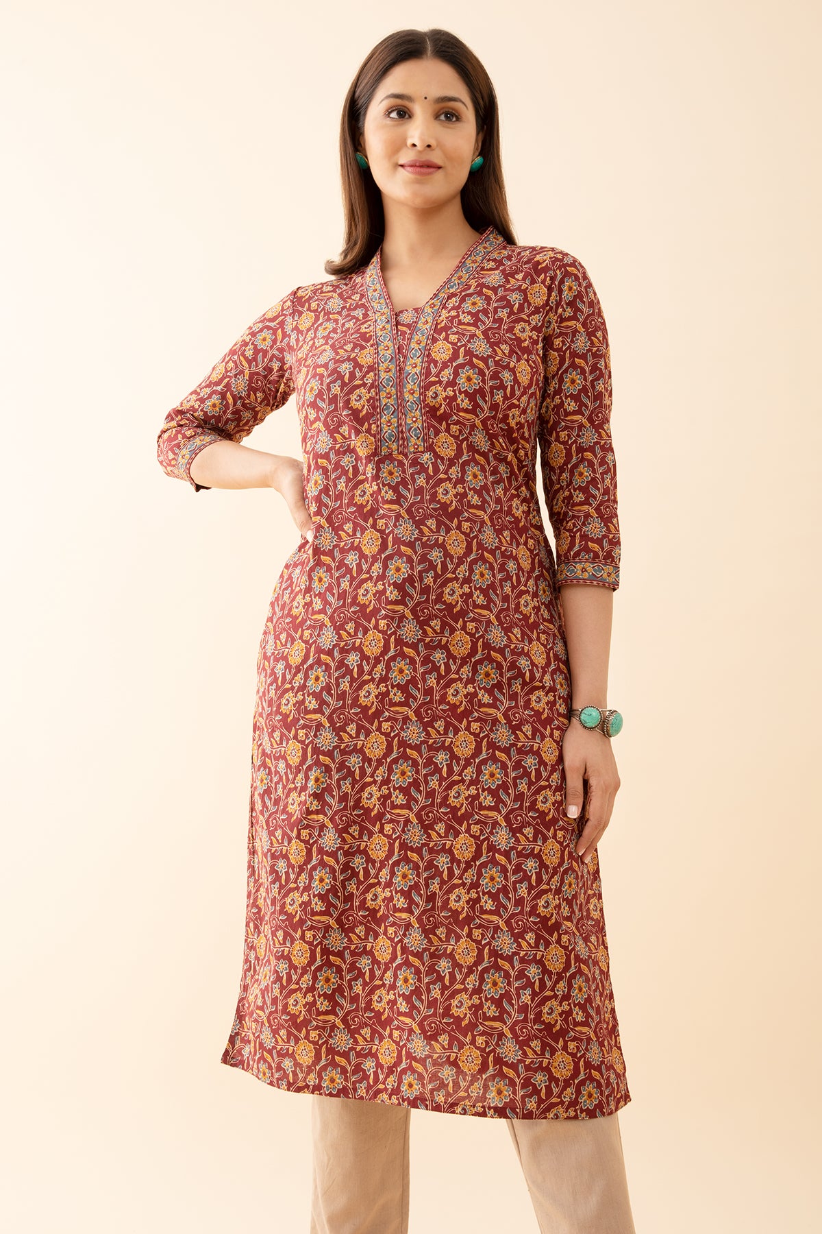 Kalamkari Block printed Kurta with Foil Mirror Embellished Yoke Red