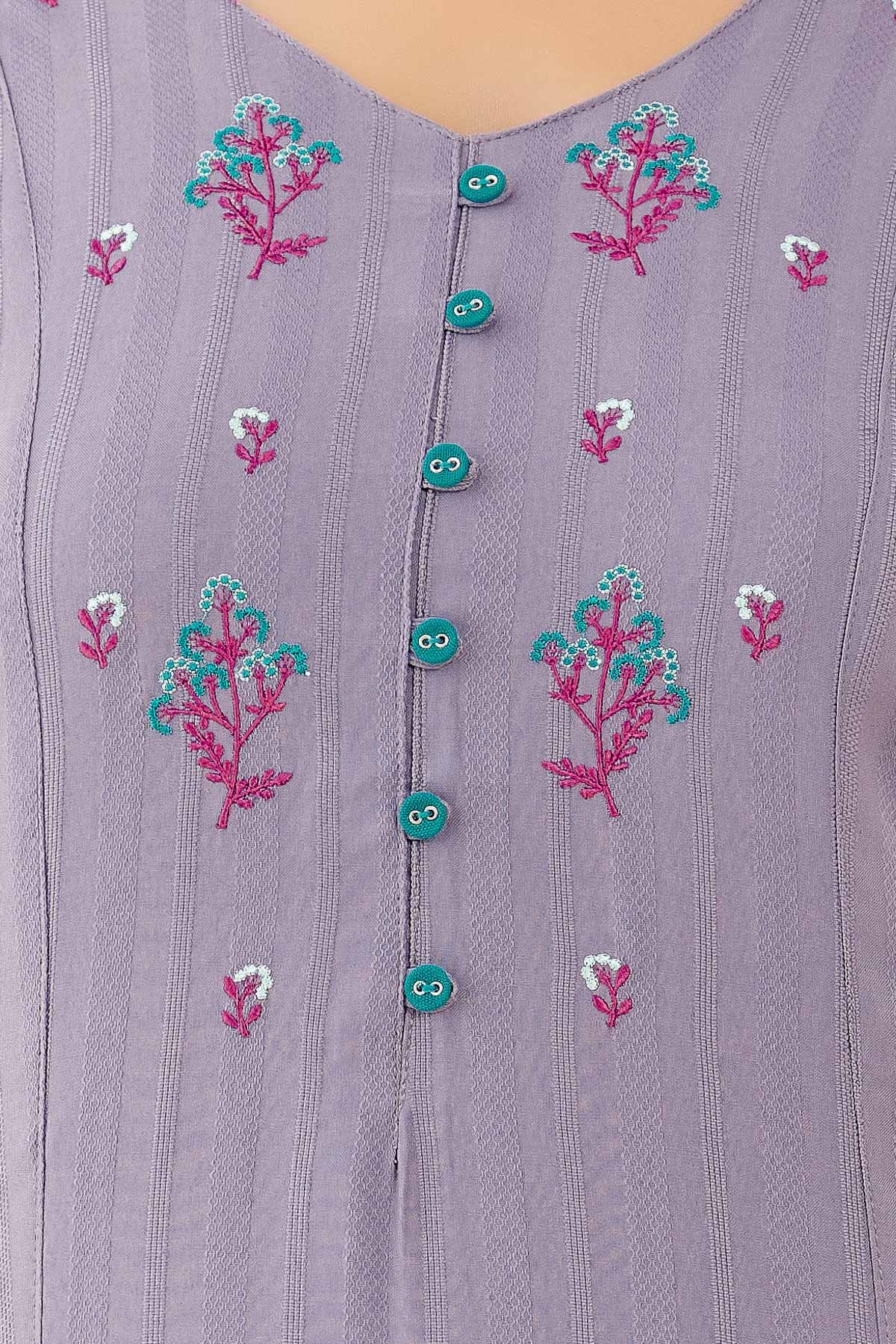 Contrast Floral Embroidered Kurta Purple