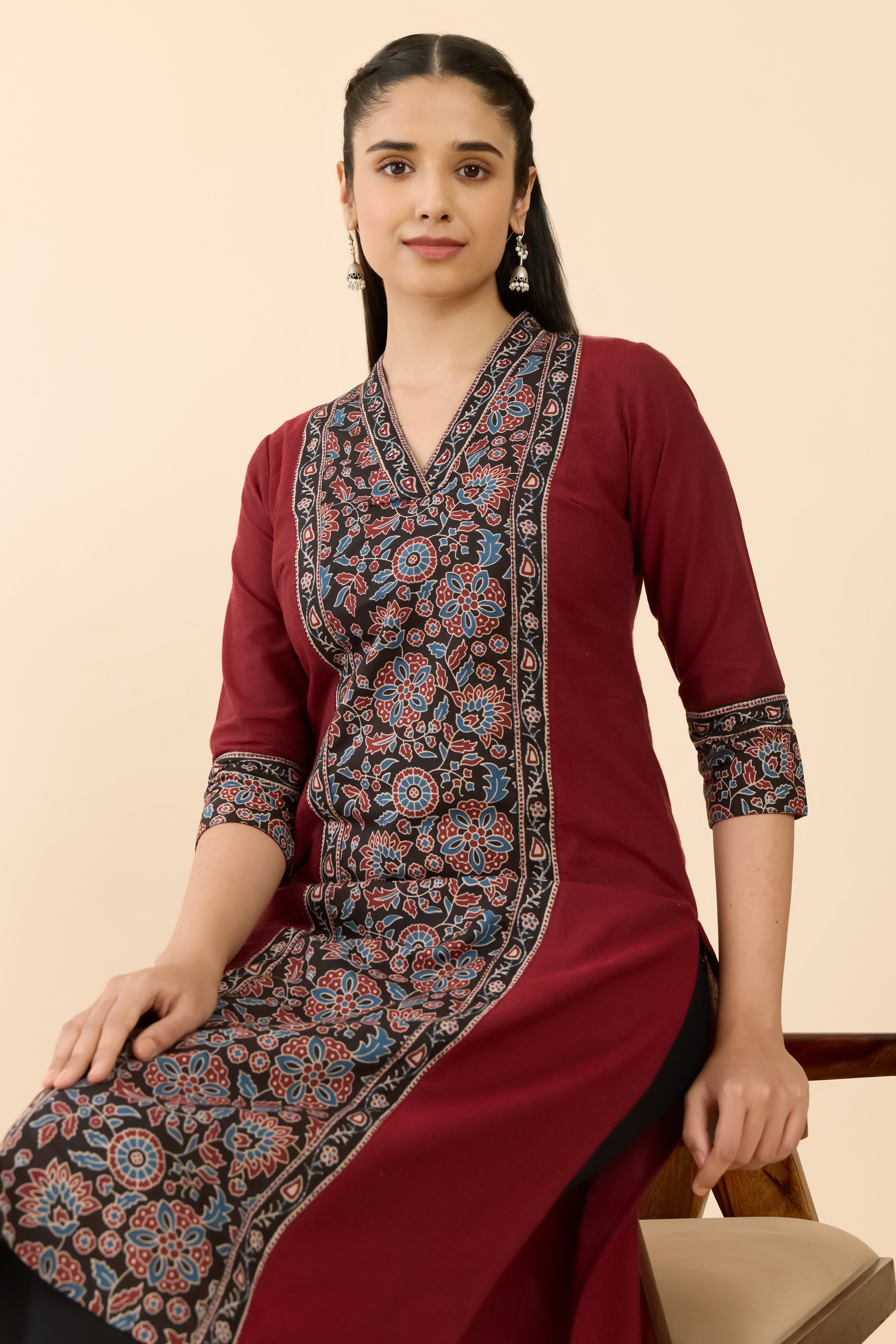 MAROON AJRAKH PRINTED STRAIGHT CUT KURTA