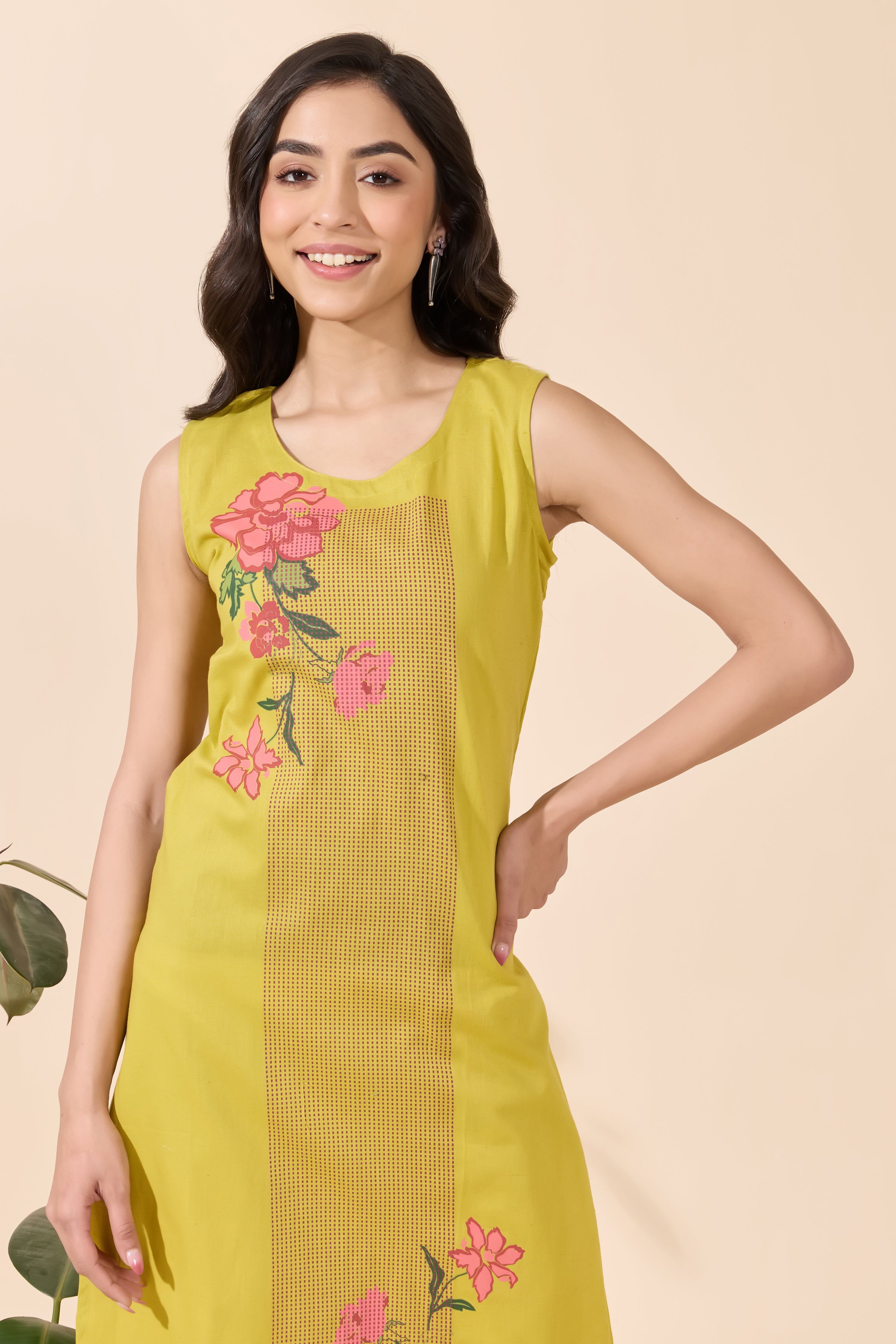LEMON YELLOW CONTEMPORARY FLORAL PRINTED STRAIGHT CUT KURTA