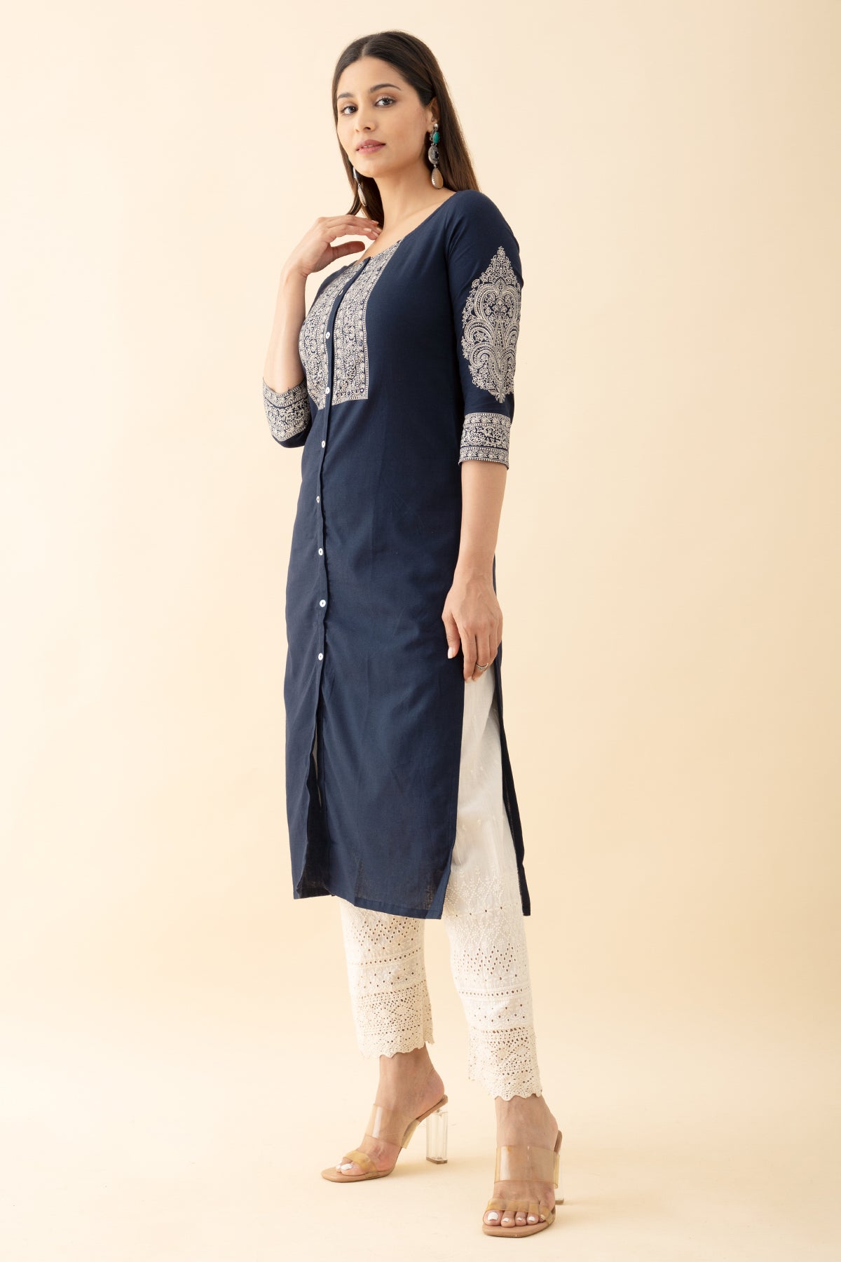 Floral Paisley Printed Kurta - Navy