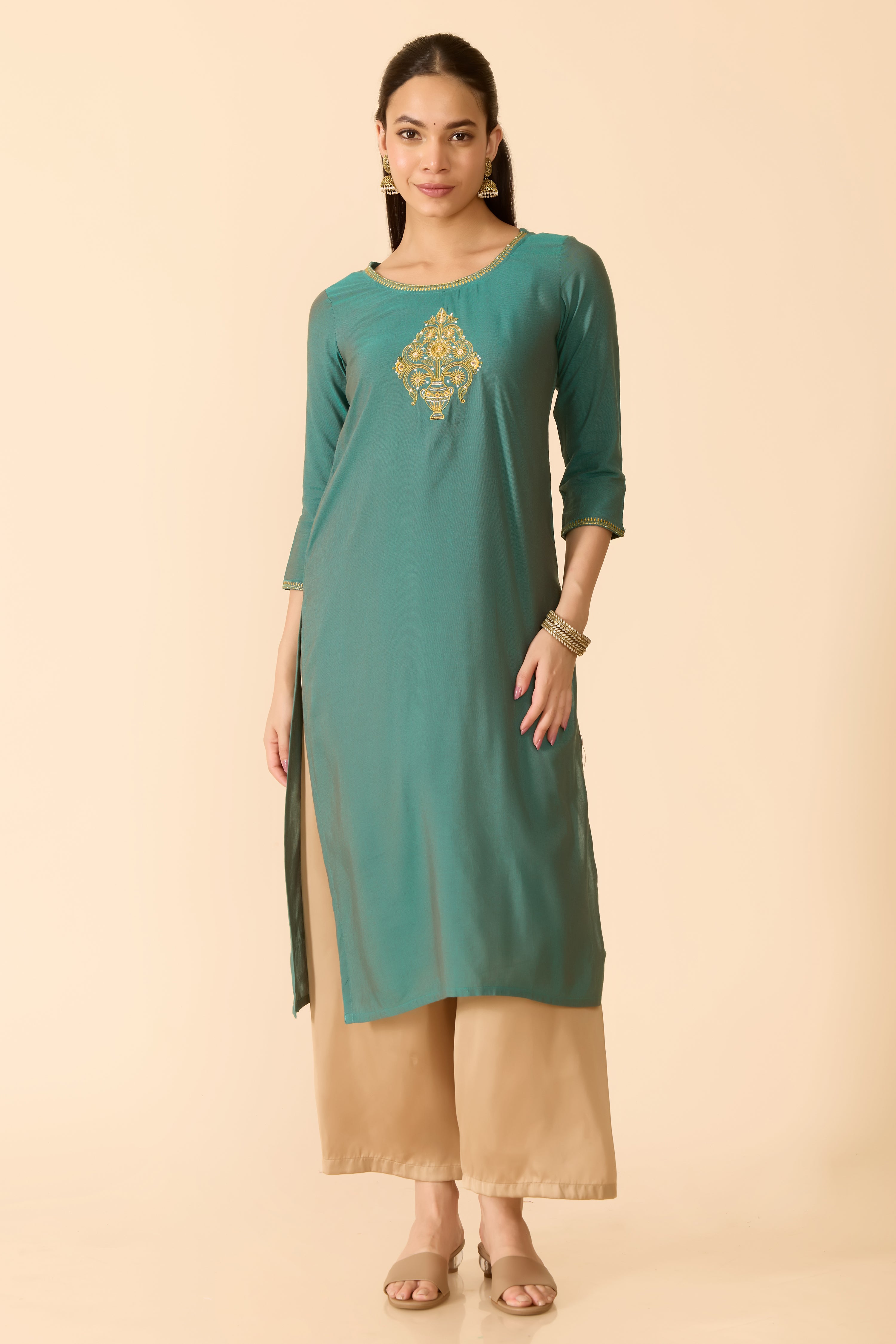TURQUOISE EMBROIDERED COTTON KURTA