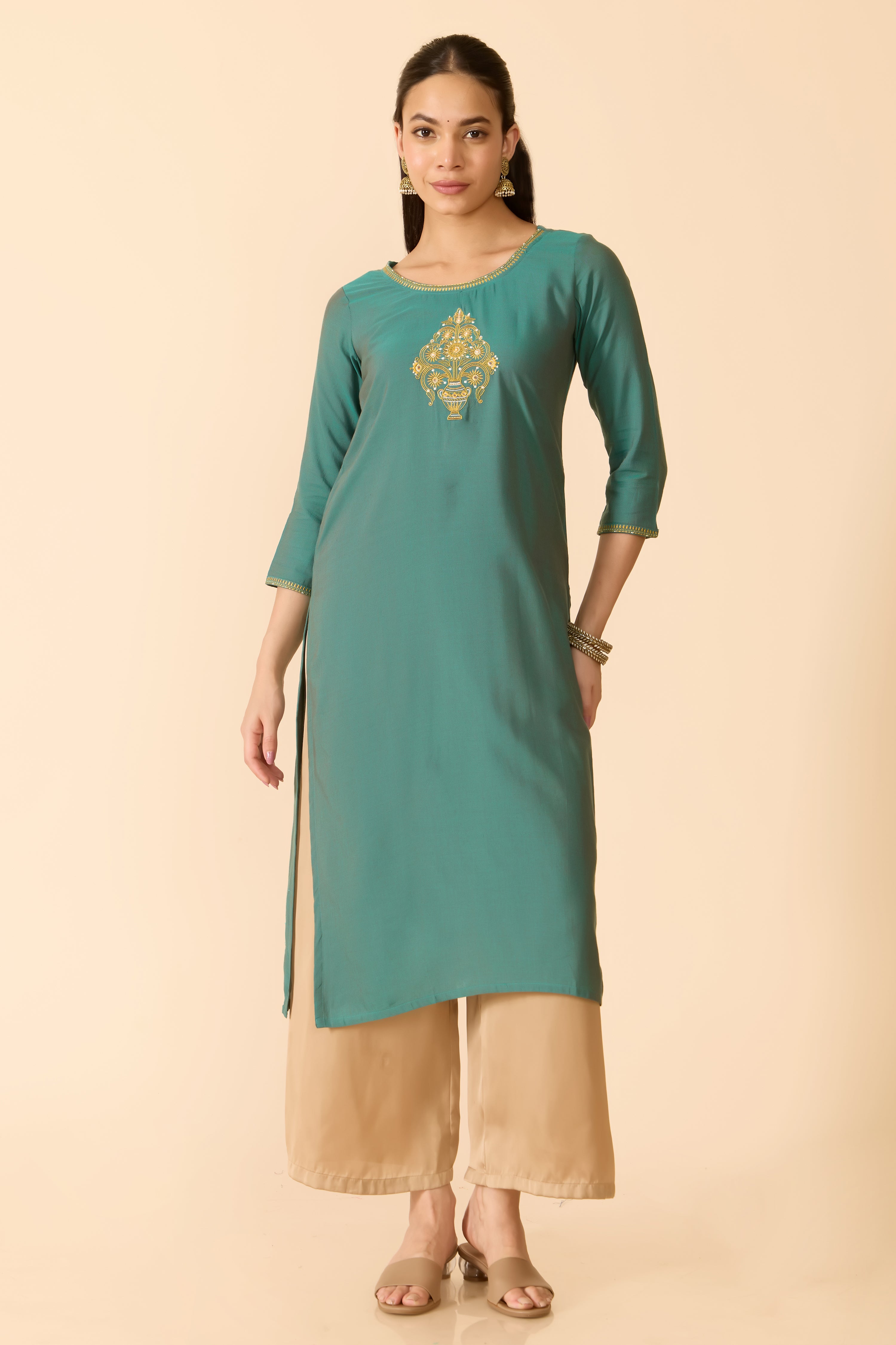 TURQUOISE EMBROIDERED COTTON KURTA
