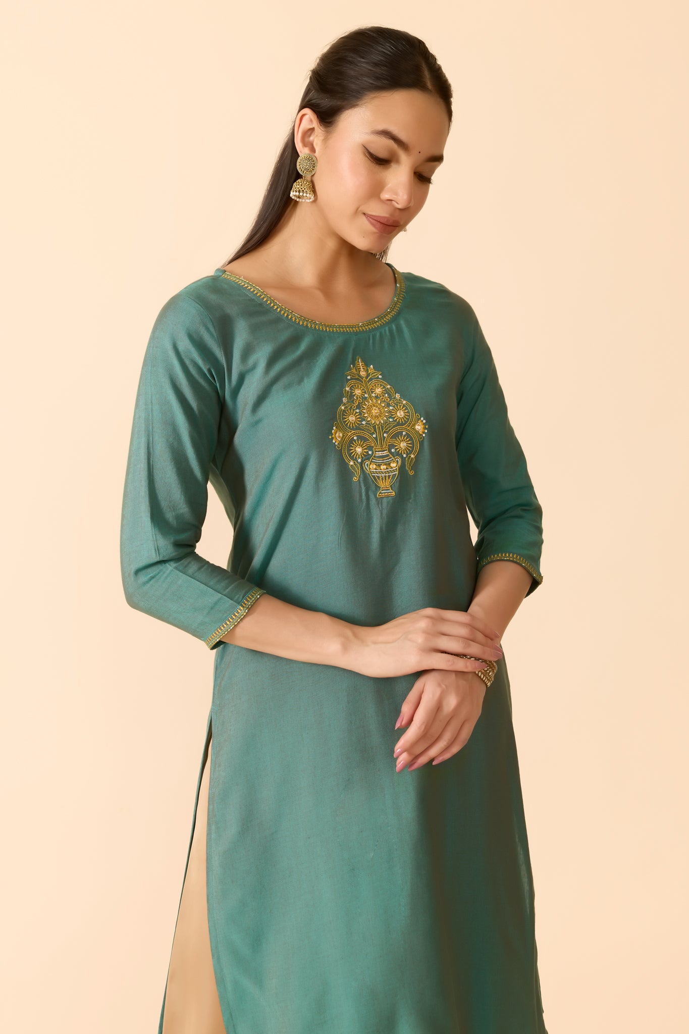 TURQUOISE EMBROIDERED COTTON KURTA