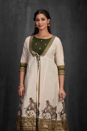 Olive Green A-Line Kurta with Mural Print Outer in Kota Khaki