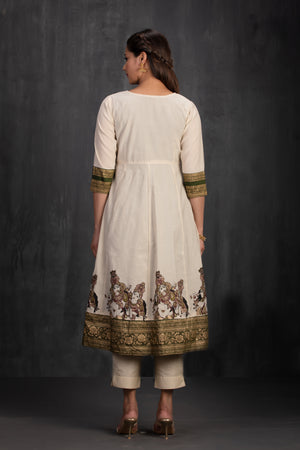 Olive Green A-Line Kurta with Mural Print Outer in Kota Khaki