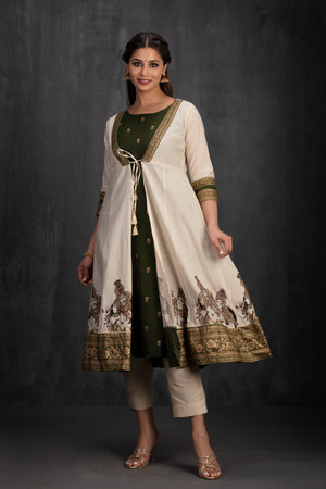 Olive Green A-Line Kurta with Mural Print Outer in Kota Khaki