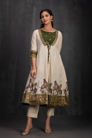 Olive Green A-Line Kurta with Mural Print Outer in Kota Khaki