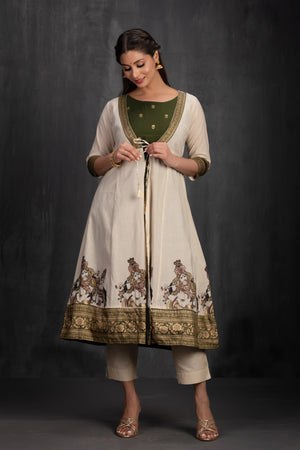 Olive Green A-Line Kurta with Mural Print Outer in Kota Khaki