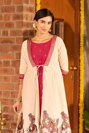 Off-White & Magenta A-Line Kurta with Mural Print