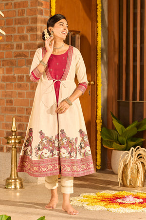 Off-White & Magenta A-Line Kurta with Mural Print